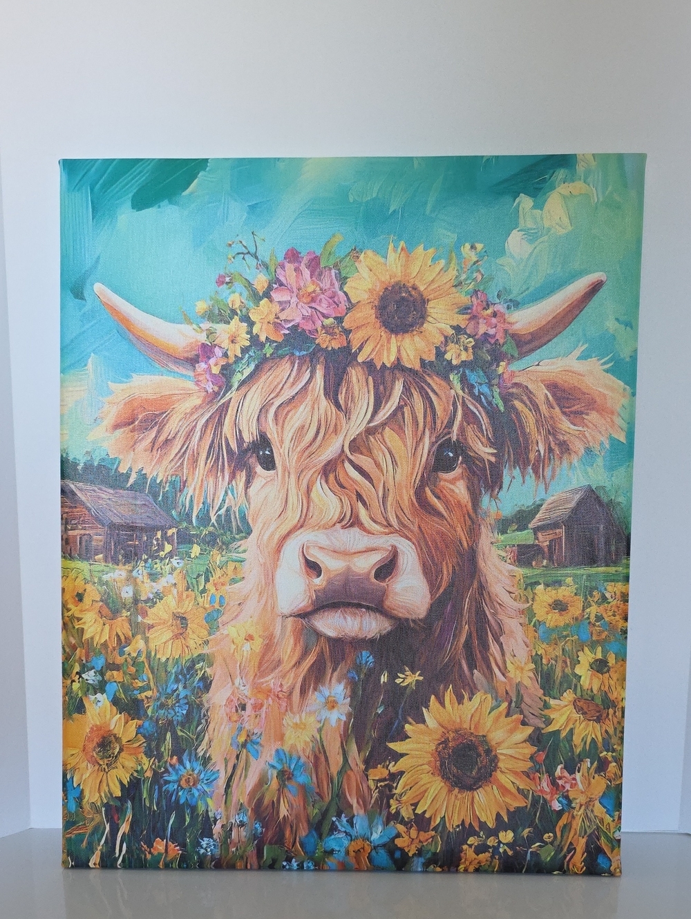 Floral Highland Cow Canvas Art Print - Teal & Yellow
